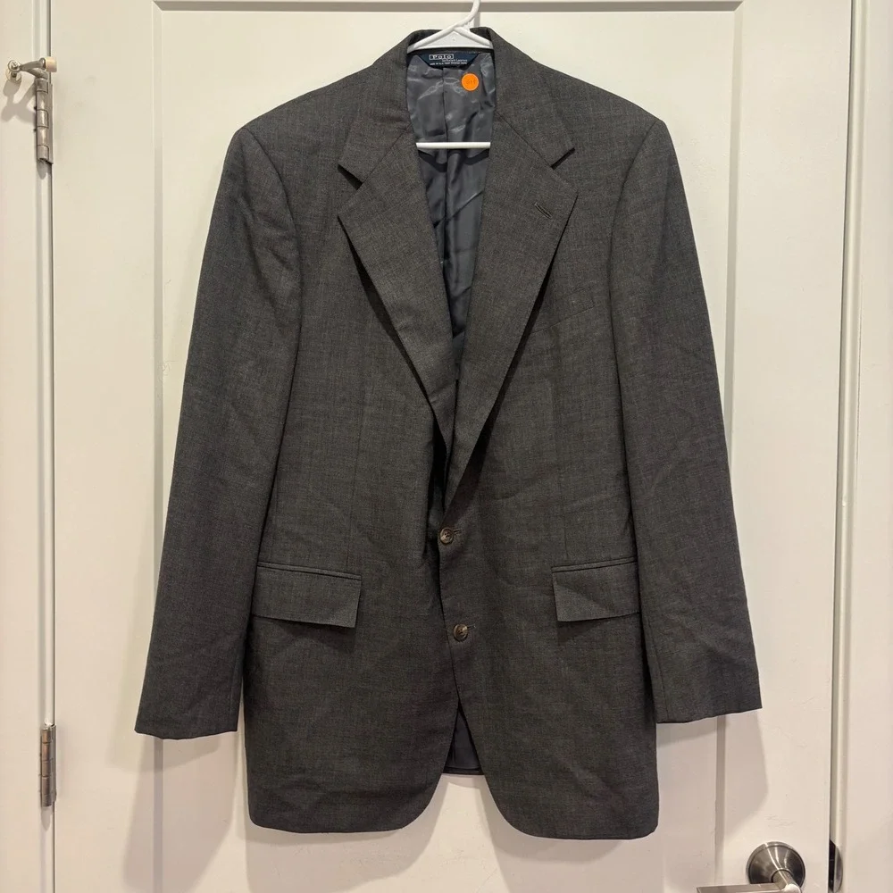 Vintage Polo Ralph Lauren Mens 42L Wool Blazer Coat‎ Gray 2 Button Made in USA